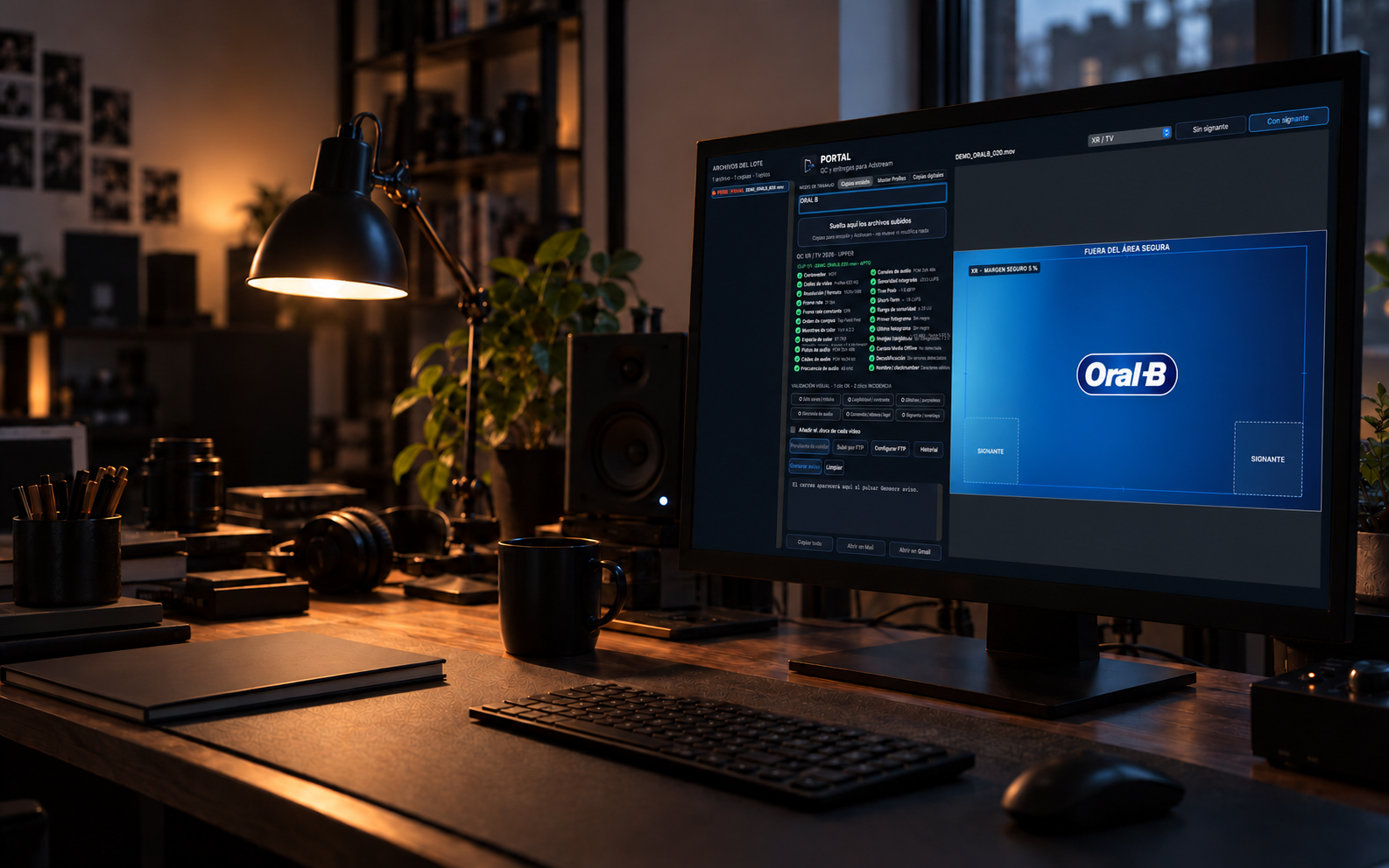 Interfaz completa de Portal, con controles técnicos aprobados y previsualización con márgenes en un monitor de estudio